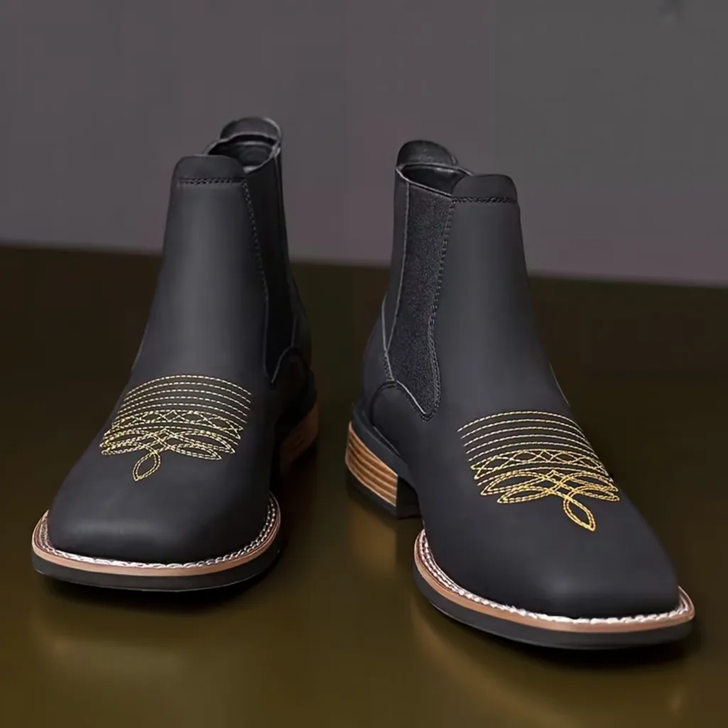 Men’s Square Toe Chelsea Boots, Vintage Ankle Cowboy Boots, Slip-On 2 ankle cowboy boots men's