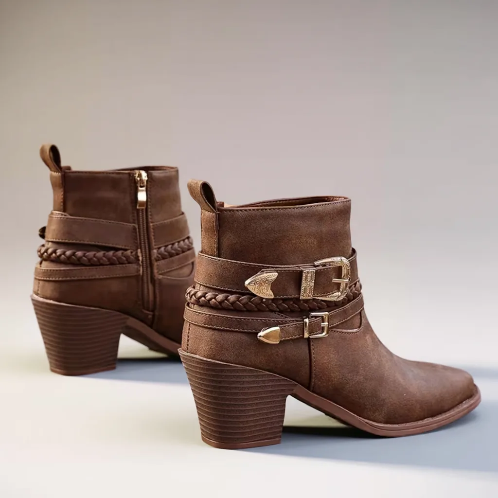 DENGWEISI Women’s Western Boots, Square Toe, Chunky Heel, Buckle Detail 3 brown ankle cowboy boots
