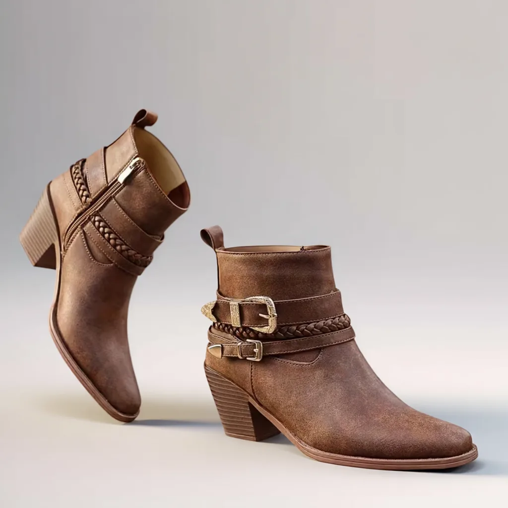 DENGWEISI Women’s Western Boots, Square Toe, Chunky Heel, Buckle Detail 2 brown ankle cowboy boots