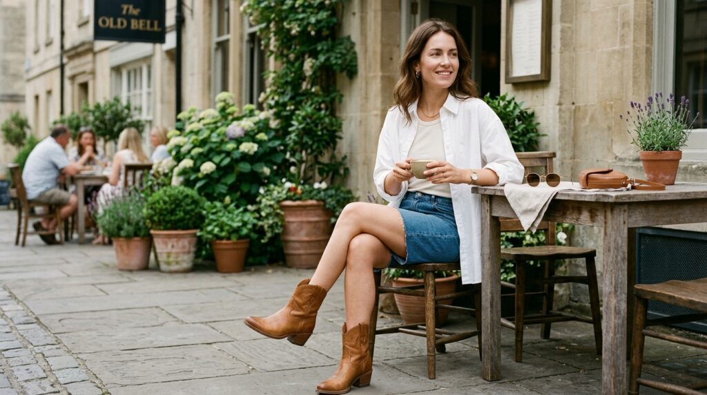 Denim Shorts + Oversized Shirt + Tan Boots
